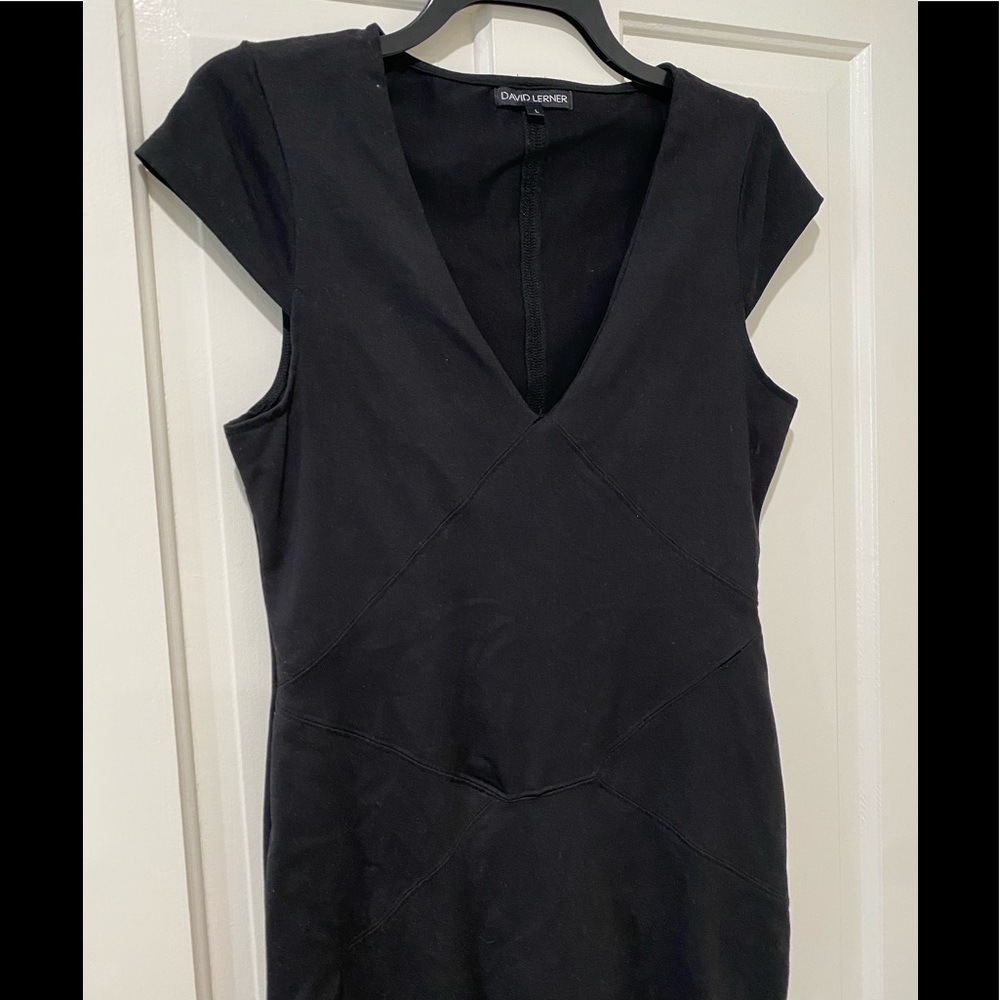 David Lerner cap sleeve fitted stretch Bodycon mini dress basic staple piece L - Picture 2 of 10